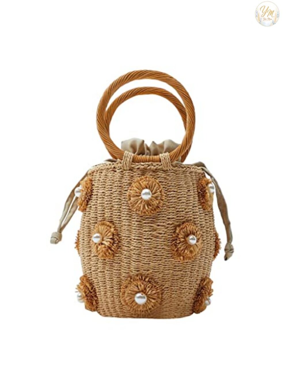 Handmade Rattan Straw Bucket Tote Bag Drawstring Woven Summer Beach